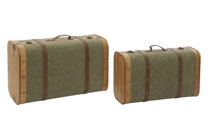Set di 2 Bauli Vintage in Legno e Tela – Verde Eleganza per la Tua Casa