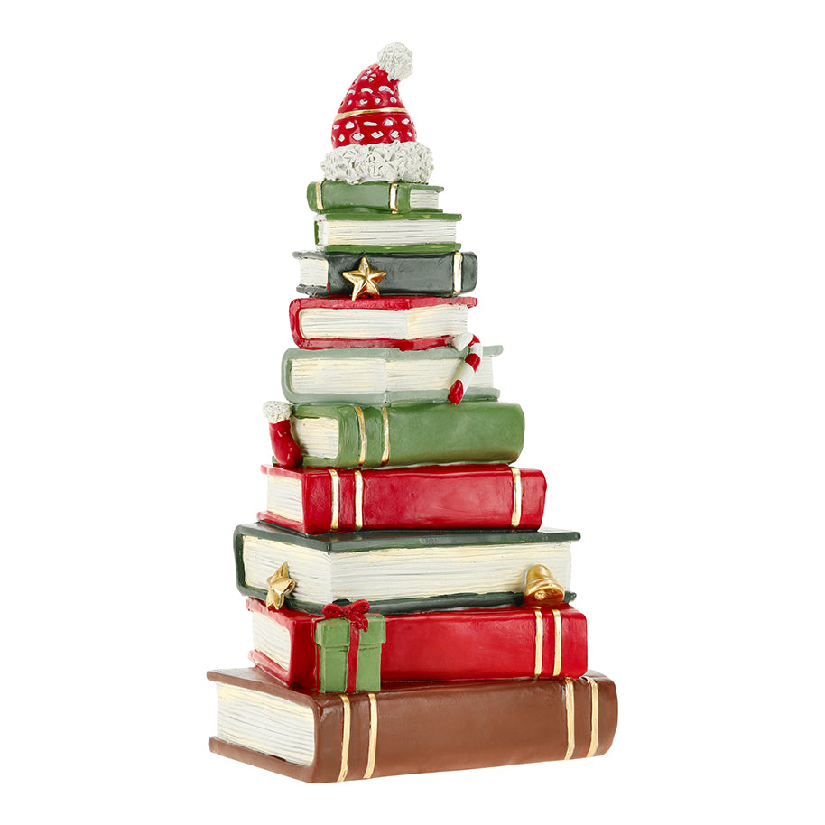 Albero di Natale Decorativo con Libri Impilati e Cappello Natalizio 26 cm