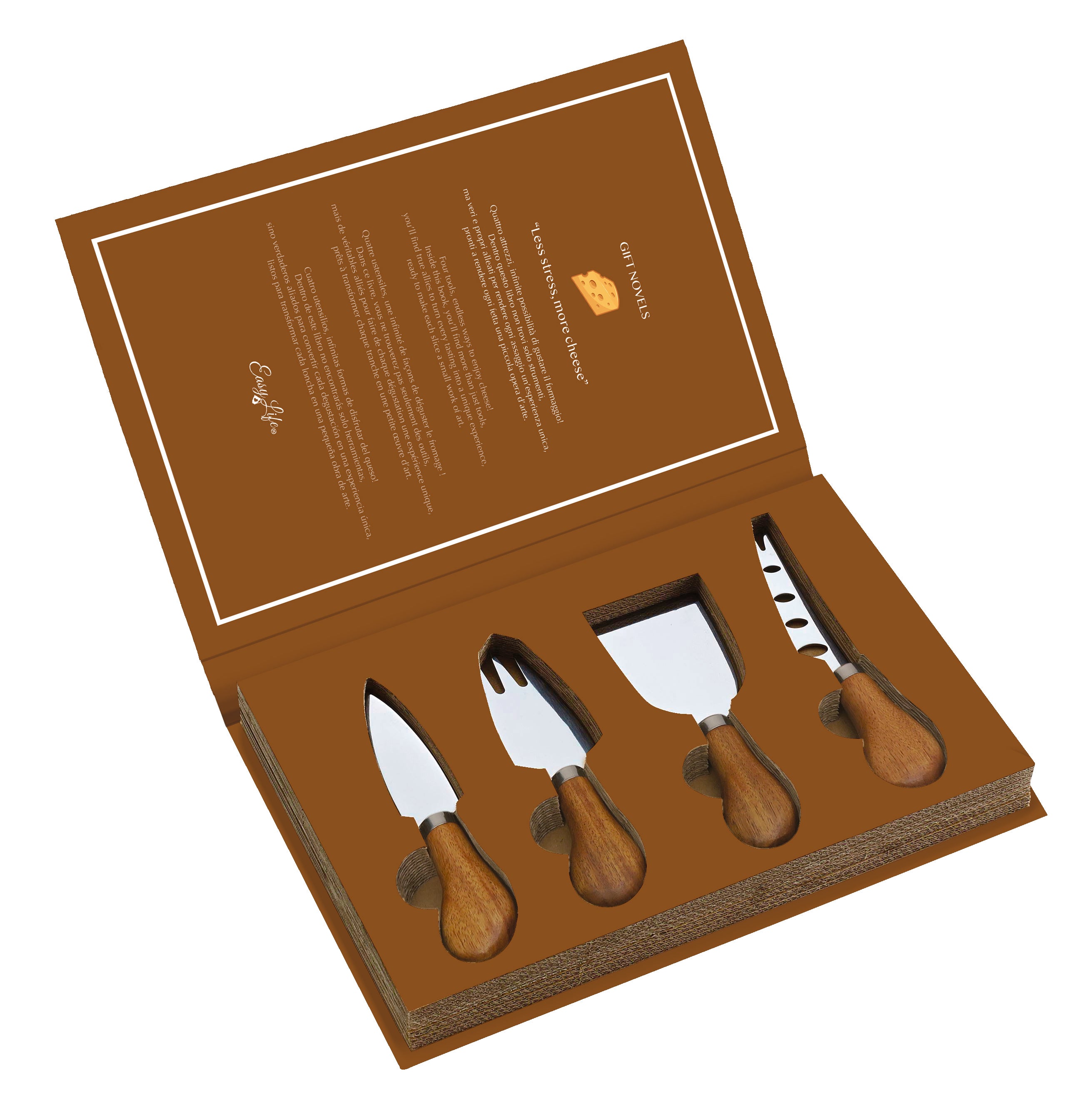 Box Regalo Set 4 Coltelli da Formaggio – Less Stress, More Cheese Gift Novels