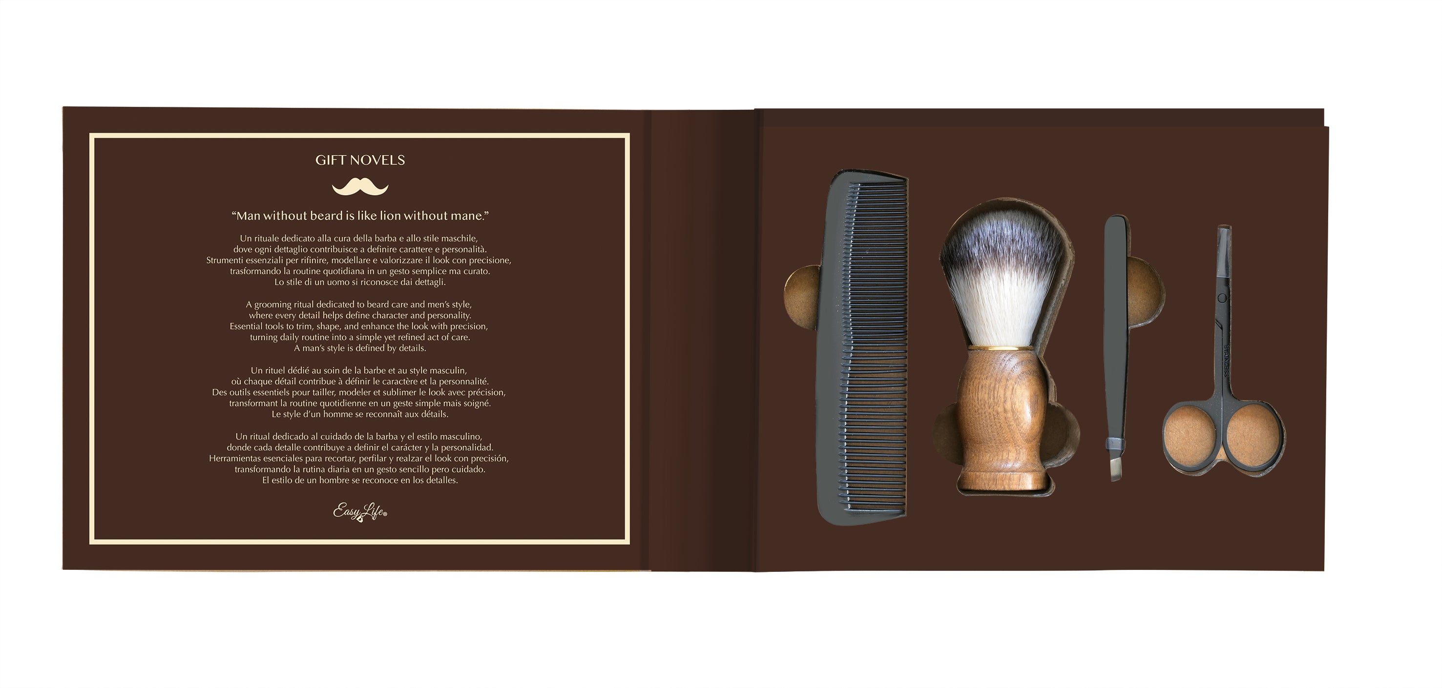 Box Regalo Kit Cura Barba e Baffi con 4 Accessori – Man Without Beard Gift Novels
