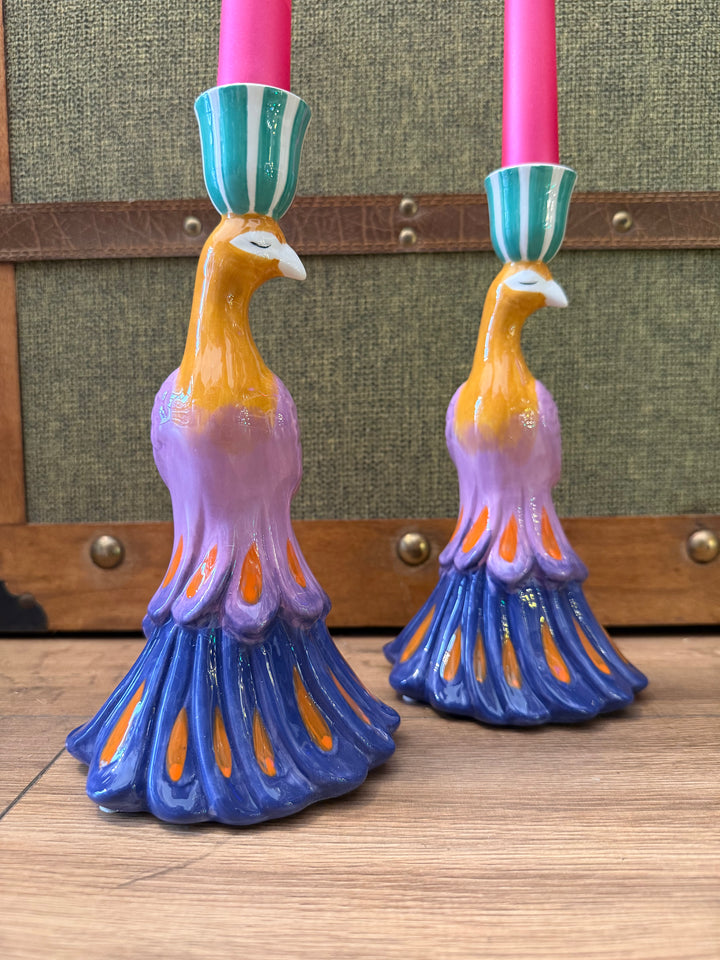 Coppia Portacandele pavone in ceramica