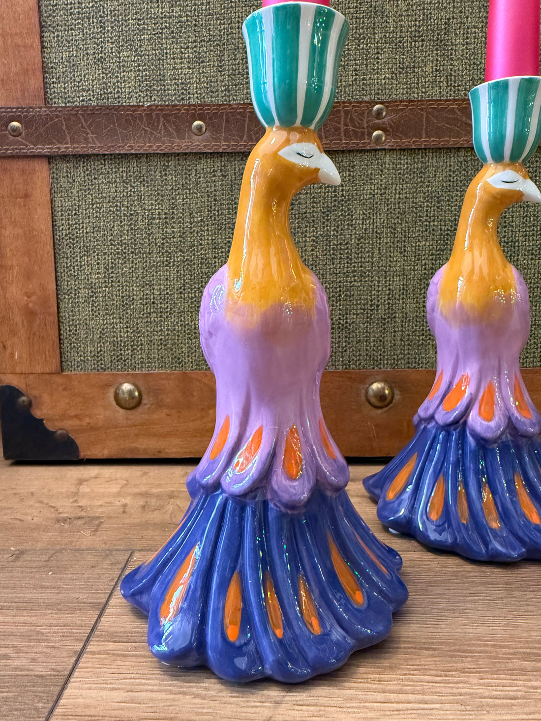 Coppia Portacandele pavone in ceramica