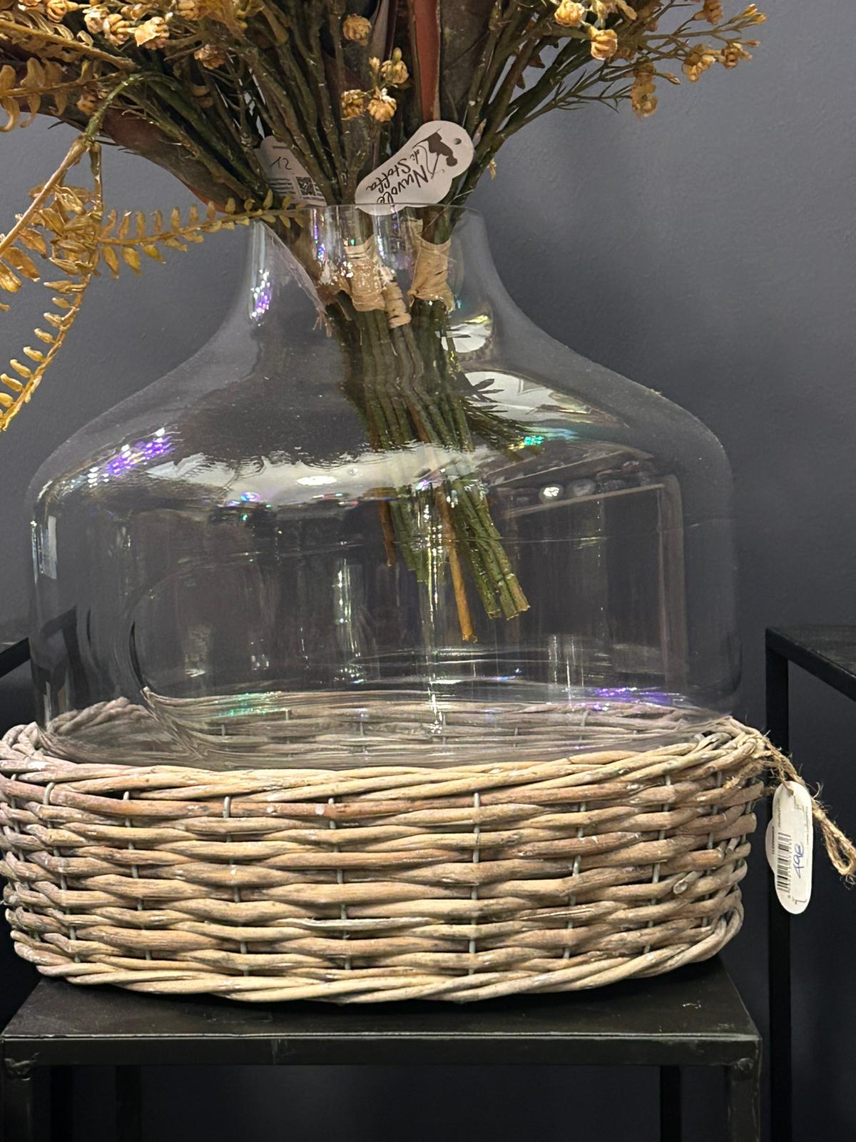 Glass Bell with Wicker Base – Rustic Chic Style Ø30 cm 🧺