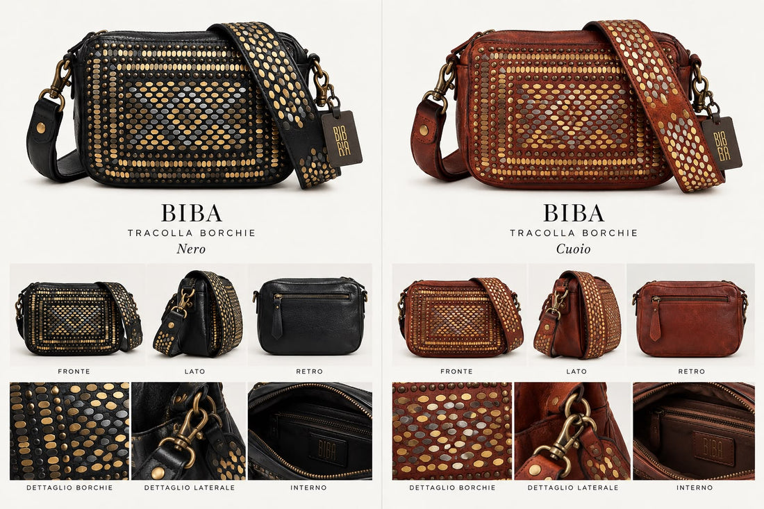 Borsa BIBA Lovington in Pelle con Borchie Dorate – Doppia Tracolla