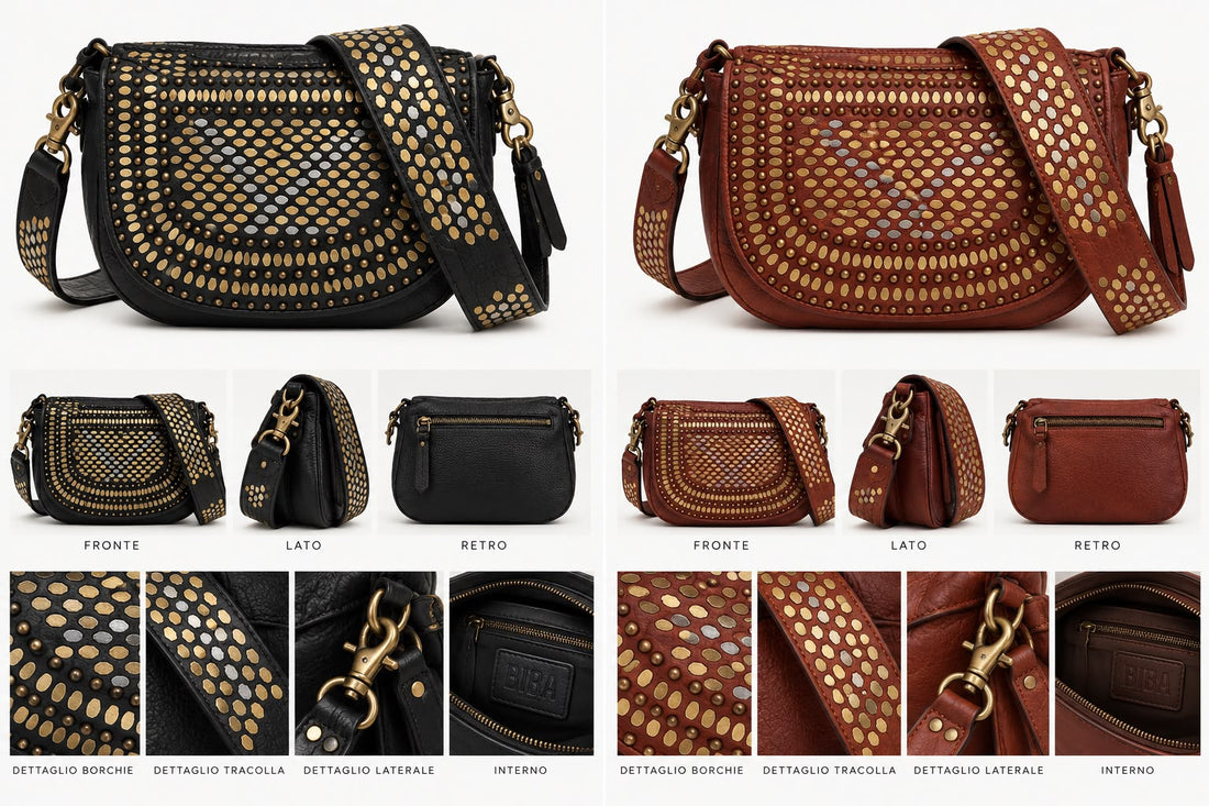Borsa a Tracolla BIBA in Pelle con Borchie Dorate – Modello Saddle Boho Chic