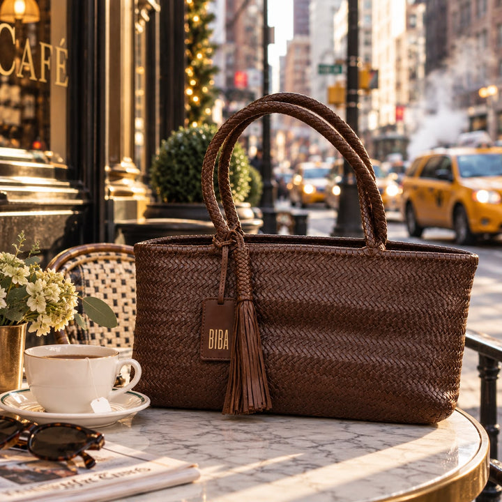 Borsa Shopper BIBA in Pelle Intrecciata Marrone Cioccolato con Nappina