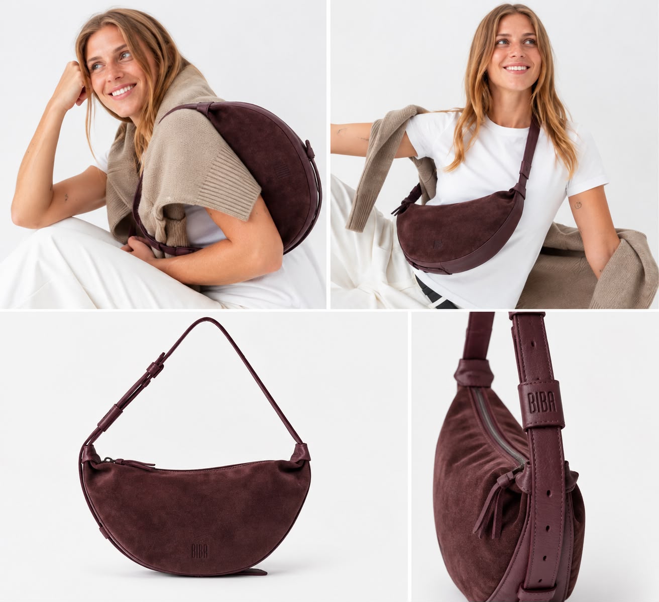 Borsa a Spalla Mezzaluna in Suede Marrone/Nocciola/Bordeaux/Verde