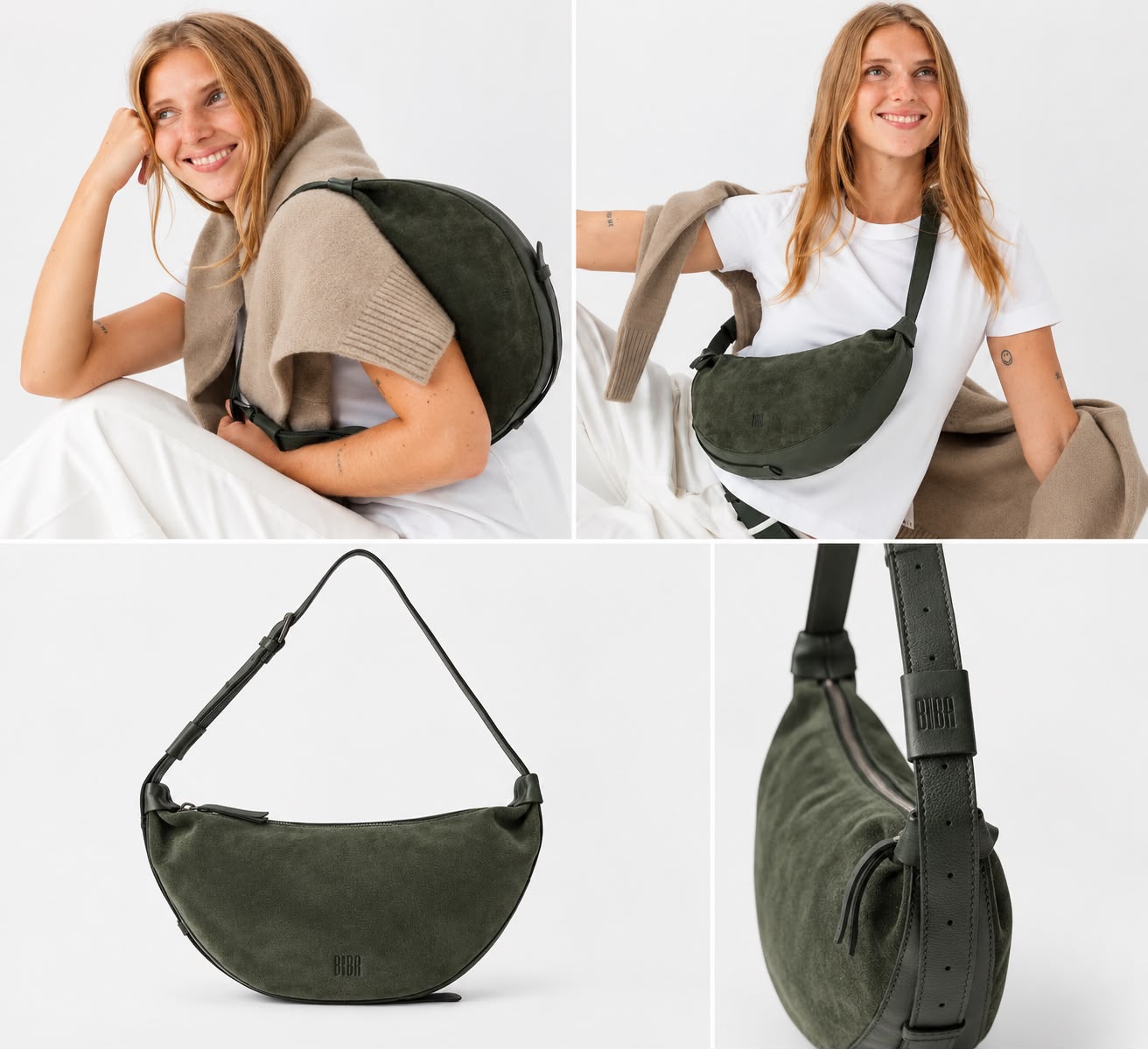 Borsa a Spalla Mezzaluna in Suede Marrone/Nocciola/Bordeaux/Verde