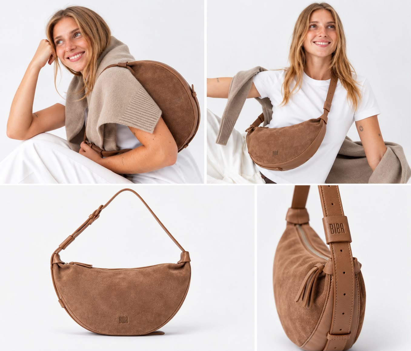 Borsa a Spalla Mezzaluna in Suede Marrone/Nocciola/Bordeaux/Verde