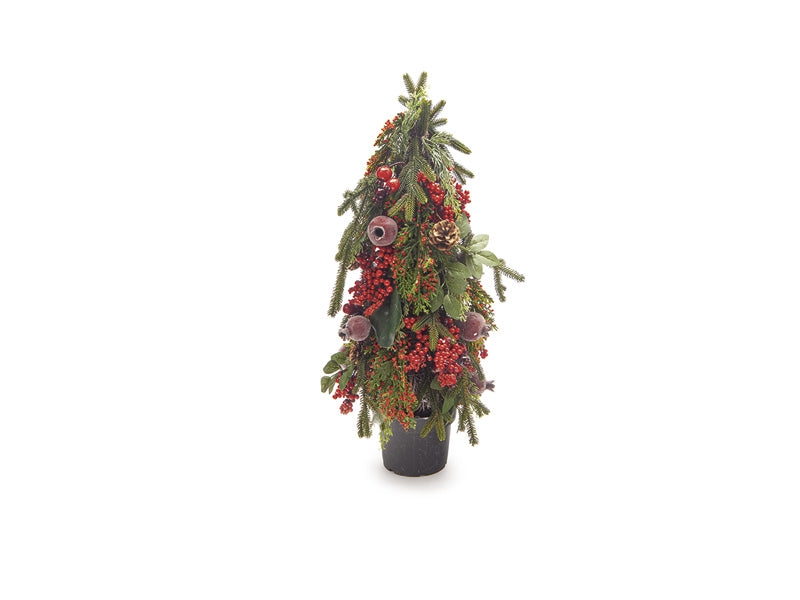 Alberello Natalizio Decorativo con Pino, Bacche e Melograni – Verde e Rosso