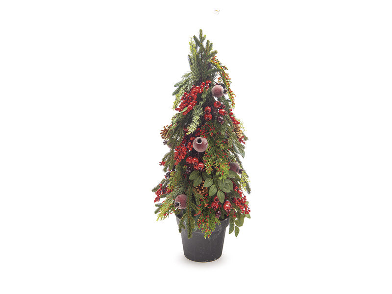 Alberello Natalizio Decorativo con Pino, Bacche e Melograni – Verde e Rosso