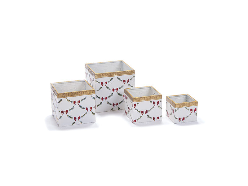 Set 4 Cachepot Natalizi Quadrati in Latta – Fiocco Rosso