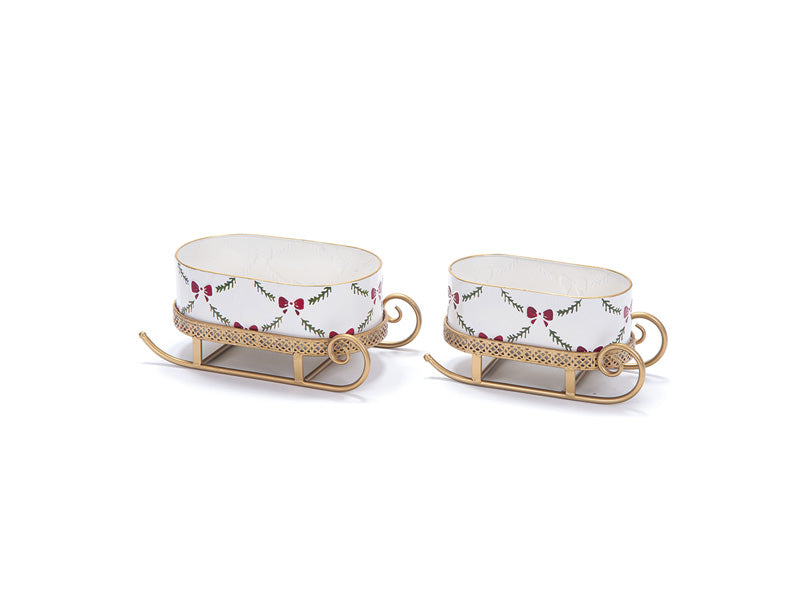 Set 2 Slitte Natalizie Ovali in Latta – Fiocco Rosso