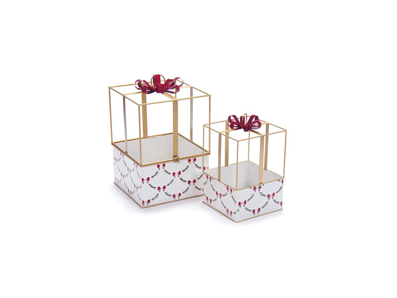 Set 2 Box Regalo Natalizie Quadrate Apribili in Latta – Fiocco Rosso