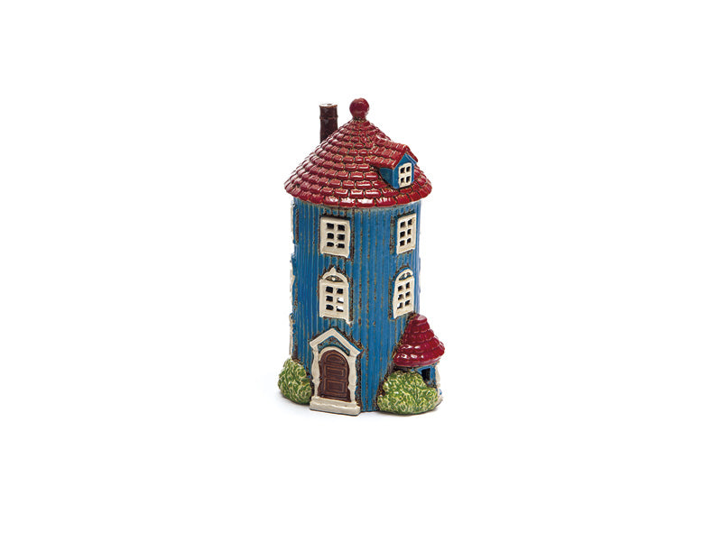 Casetta Natalizia Portacandela in Ceramica Blu con Tetto Rosso