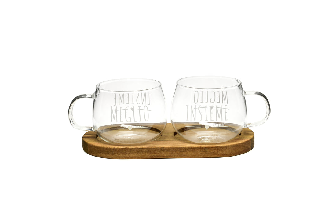 Set 2 Tazze Natalizie in Vetro con Vassoio in Legno