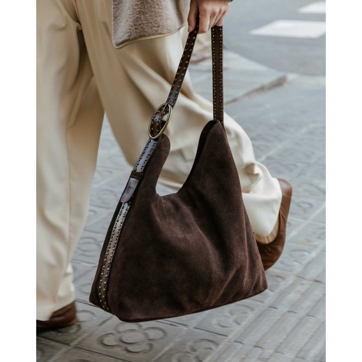 Borsa a Spalla BIBA LEFF in Pelle Scamosciata Marrone con Borchie – Modello Hobo